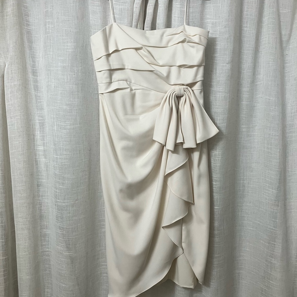 Elegant Draped Bow-Accent Designer Cocktail Wedding Dress